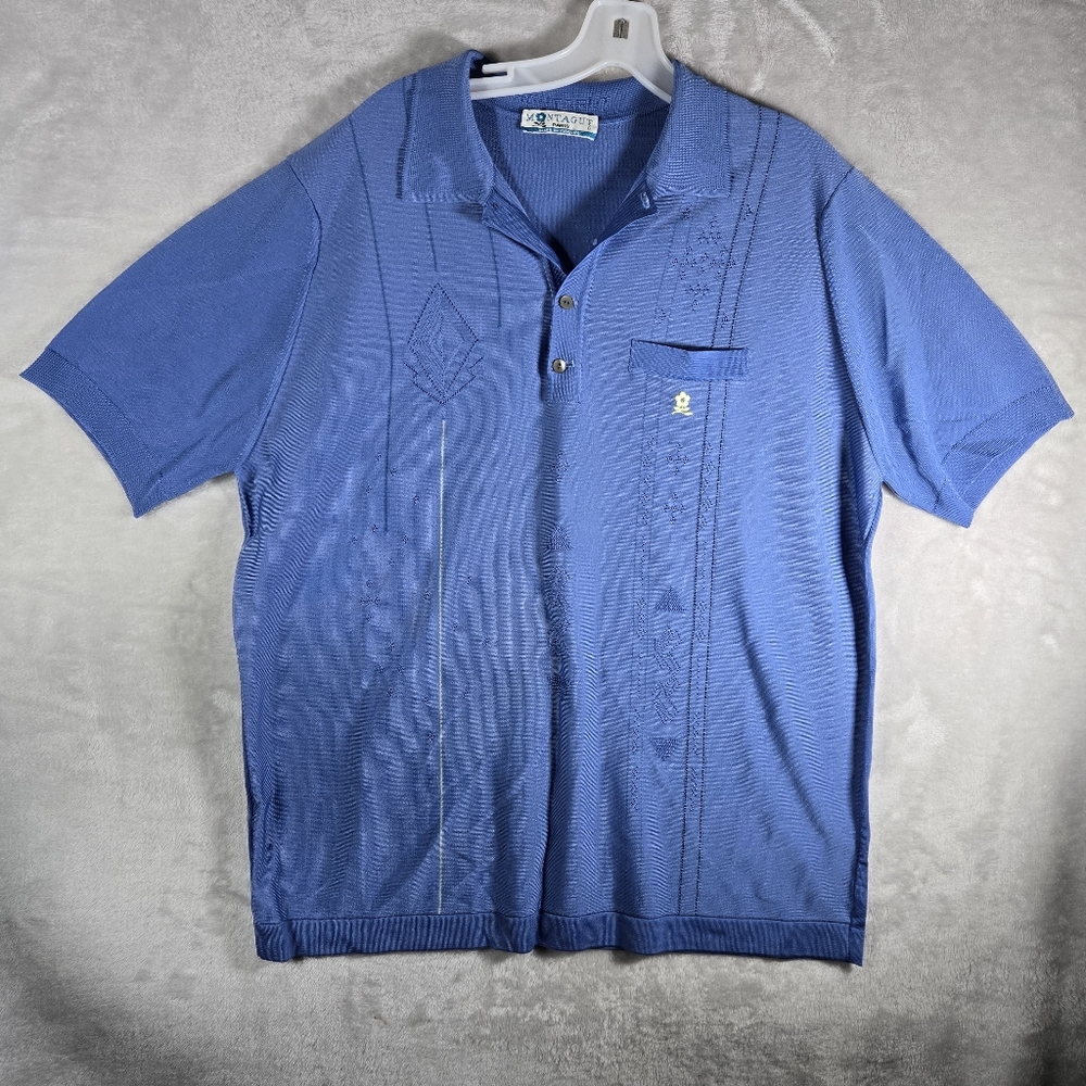 Montagut Paris Polo Men Size 6 Large Short Sleeve Blue Shirt Textured Patterned